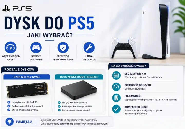 Porównanie dysków SSD M.2 NVMe i zewnętrznych HDD/SSD do PS5. Wybierz najlepsze urządzenia pamięci masowej dla swoich gier.