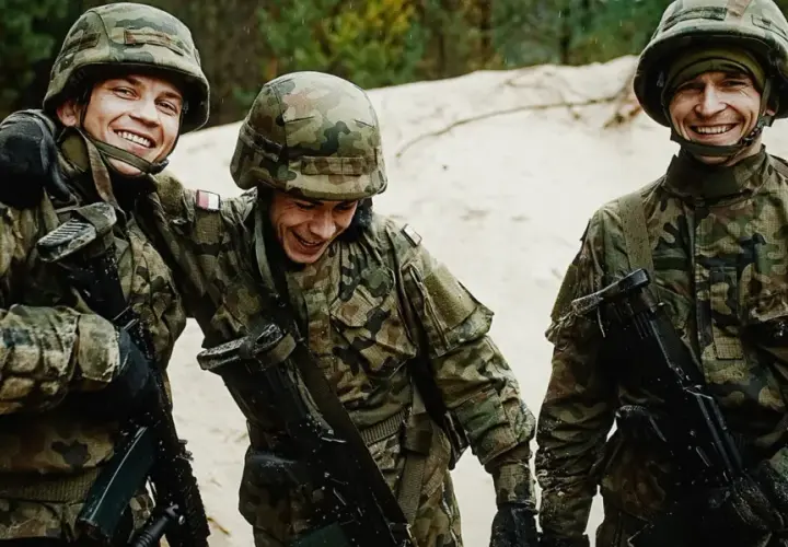 Trzech uśmiechniętych żołnierzy wojsk obrony terytorialnej w mundurach i hełmach, z karabinami, na tle piasku i drzew.