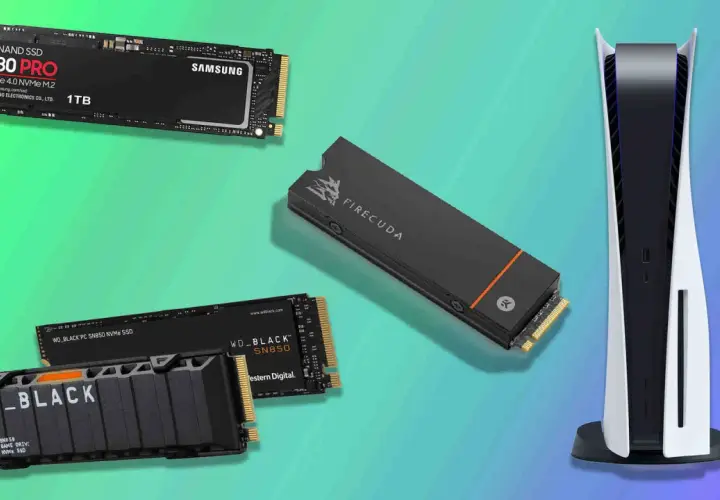 Disque dur SSD M.2 NVMe, comme le Samsung 980 PRO et le WD_BLACK SN850, à côté d'une console PS5.