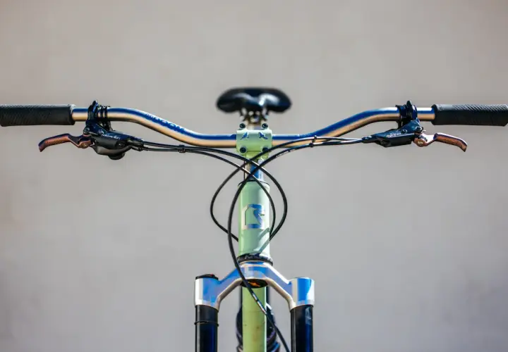 Close-up of a bicycle's handlebars and front fork, featuring Hayes Dominion A4 brakes, ready for a review.