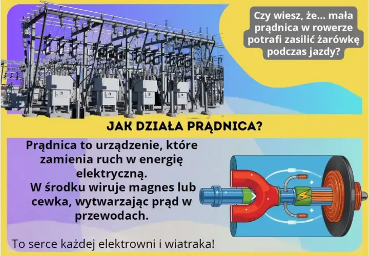 Ilustracja wyjaśnia zasadę działania prądnicy, która wykorzystuje zjawisko indukcji elektromagnetycznej do zamiany ruchu na prąd.