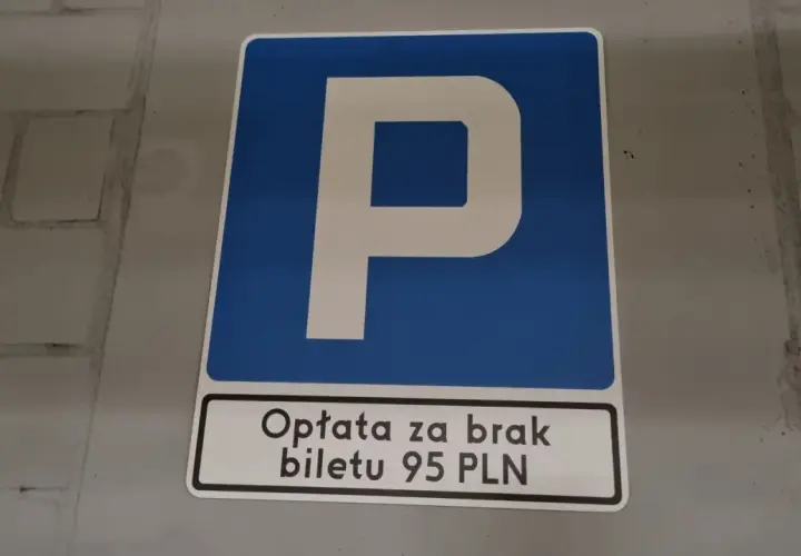 Niebieski znak parkingowy z literą "P" i informacją o opłacie 95 PLN za brak biletu.