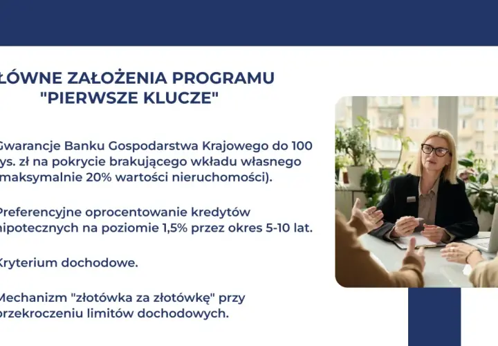 Główne założenia programu "Pierwsze Klucze": gwarancje BKG, preferencyjne oprocentowanie kredytów hipotecznych, kryterium dochodowe i mechanizm "złotówka za złotówkę".