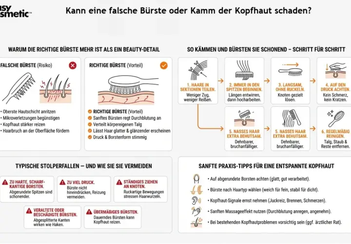 Sanftes Bürsten regt die Durchblutung an und verteilt Talg. Vermeide zu harte Borsten, um die Kopfhaut zu schonen und kein Shampoo zu benutzen.