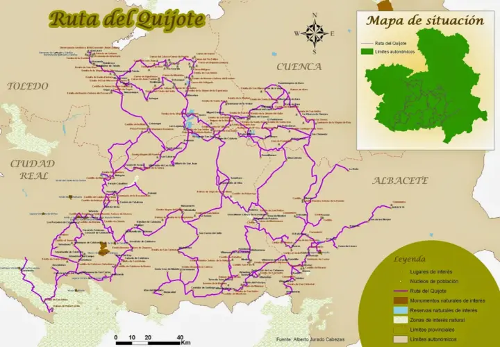 Mapa de la ruta del Quijote, con pueblos, castillos y monumentos. Incluye un recuadro de situación.