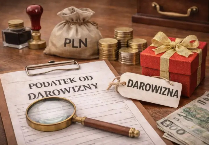 Dokument "Podatek od darowizny", szkatułka z prezentem, monety, worek PLN i lupa.