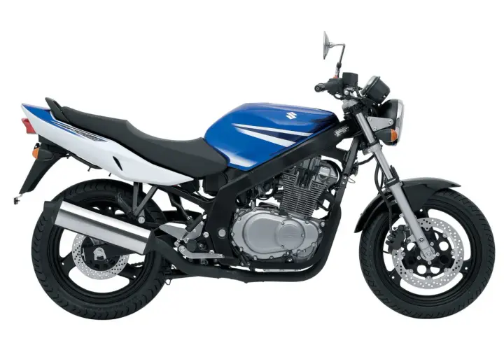 Suzuki GS 500 ficha técnica: moto deportiva azul y blanca, con motor bicilíndrico expuesto y escape cromado.