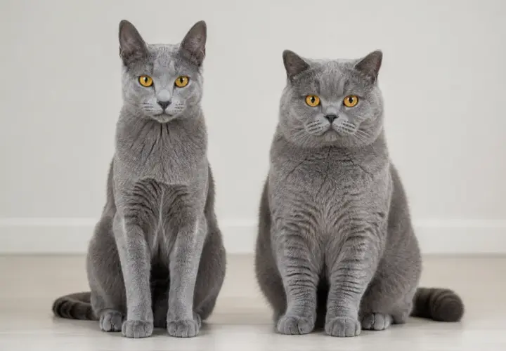 Zwei graue Katzen mit bernsteinfarbenen Augen sitzen nebeneinander. Die linke ist schlanker, die rechte ist rundlicher.