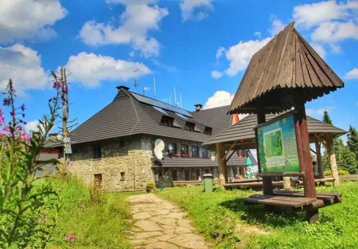 Kamienny schronisko na Turbaczu z dzieckiem w tle, otoczone zielenią i kwitnącymi kwiatami.