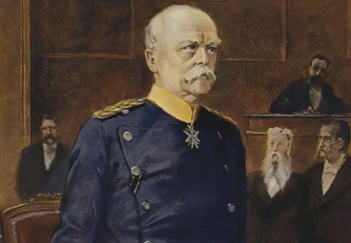 Porträt von Otto von Bismarck, jung, in Uniform mit Orden. Im Hintergrund Männer in Anzügen.