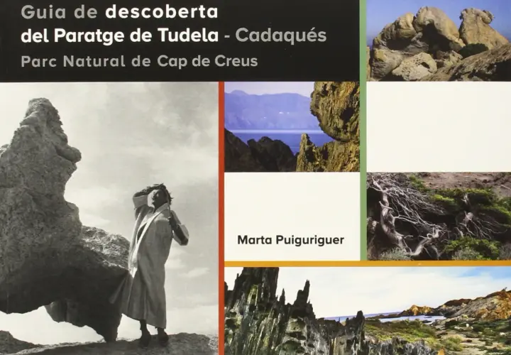 Guía del Paratge de Tudela, con una mujer junto a rocas y vistas del Cap de Creus.