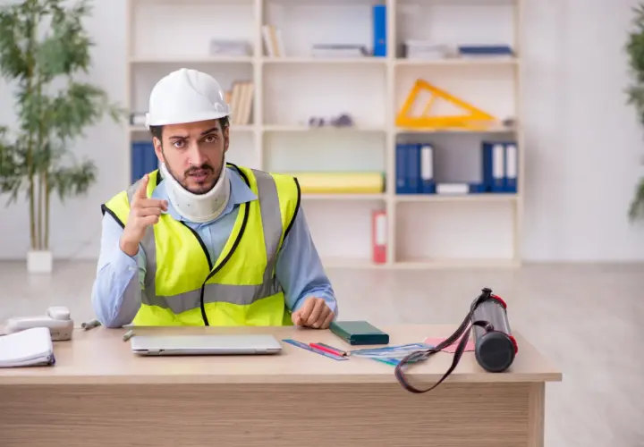 Lavoratore autonomo con collare cervicale e giubbotto ad alta visibilità, punta il dito mentre parla. Potrebbe essere in attesa di un indennizzo INAIL per infortunio.