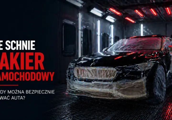 Czarny samochód w kabinie lakierniczej, częściowo oklejony folią. Tekst: "Ile schnie lakier samochodowy?".