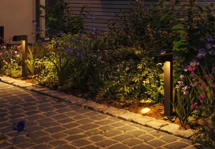 Beleuchteter Gartenweg mit Blumen und Büschen. Das warme Licht der Gartenlampen zieht kleine Insekten an, die im Schein tanzen.