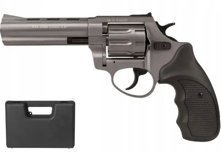 Szary rewolwer kal. 6mm LONG 4.5" z czarną rękojeścią i futerałem. Model ten, phantom 5.6 wycofany, jest już rzadkością.