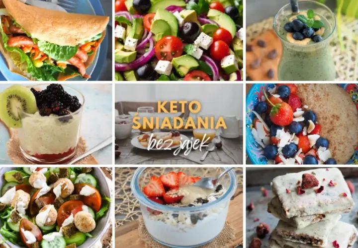 Keto śniadanie do pracy: kolorowe sałatki, owsianka z owocami, smoothie i keto batoniki.