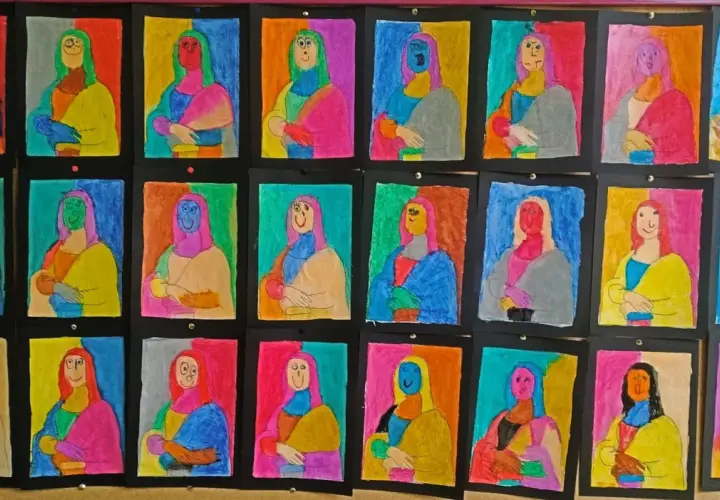 Exposiciones de arte infantil: proyecto "La Mona Lisa para niños" con retratos coloridos y creativos.
