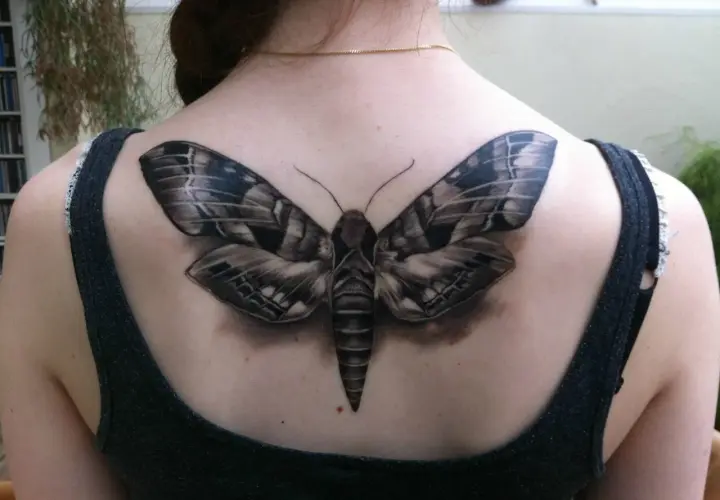Realistyczny tatuaż ćmy na plecach. Symbolizuje transformację, intuicję i mądrość.