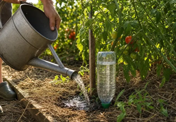 Une astuce pour arroser les tomates : une bouteille percée plantée près du pied pour une irrigation lente et efficace.