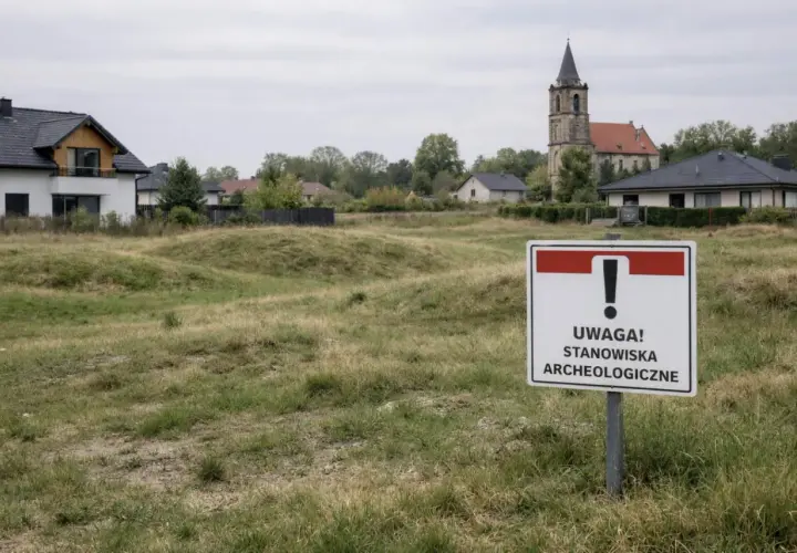 Znak "Uwaga! Stanowiska archeologiczne" na tle zabudowań i kościoła.