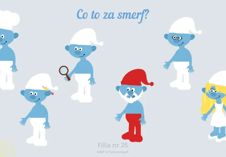 Wesoły dzień smerfa w przedszkolu! Smerfy w czapkach, jeden z lupą, inny z ołówkiem, a Papa Smerf w czerwonej czapce.