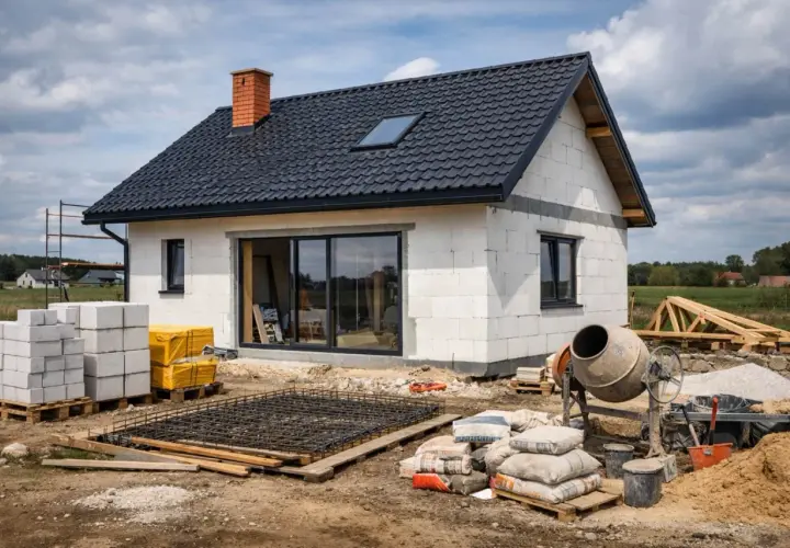 Budowa domu parterowego 80m2 w toku. Beton, pustaki, zbrojenie i betoniarka czekają na dalsze prace.