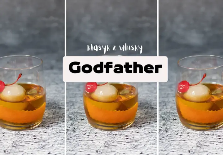 Klasyczny drink "Godfather" z amaretto i szkocką whisky, ozdobiony wiśnią i lodem.