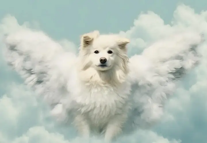 Un perro blanco con alas de nube, como un ángel guardián, en un día especial para las mascotas.