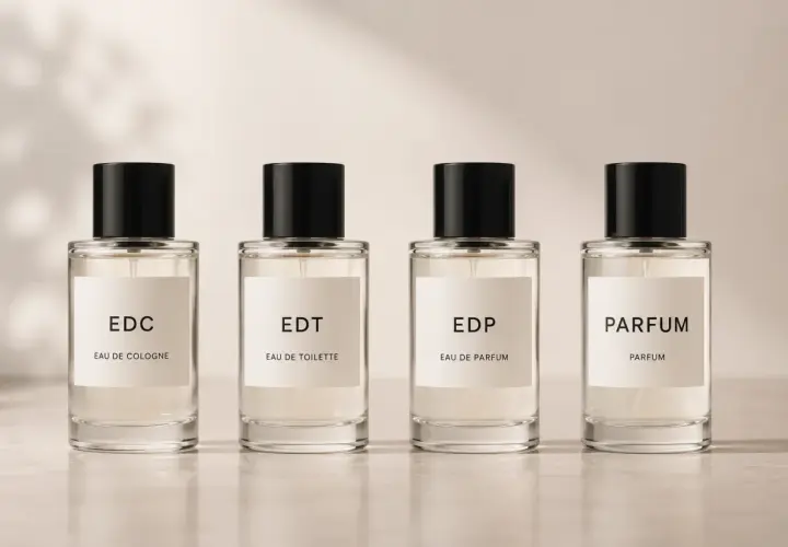 Cztery butelki perfum: EDC, EDT, EDP, PARFUM. Oznaczenia na etykietach wskazują na różną trwałość perfum.