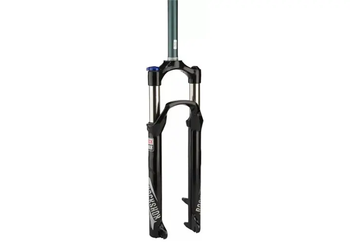 A RockShox Recon Silver RL review would highlight this black suspension fork, featuring silver RockShox branding and a blue lockout knob.