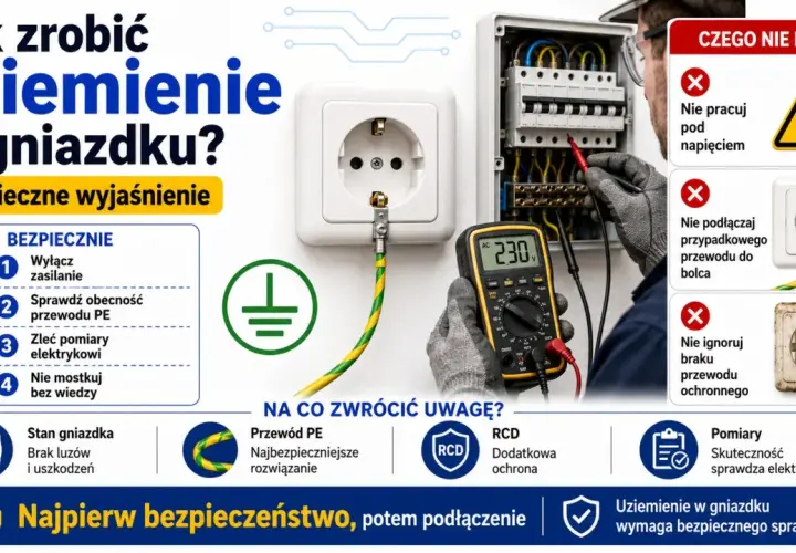 Instrukcja bezpiecznego wykonania uziemienia w gniazdku. Sprawdź przewód PE, wyłącz zasilanie i zleć pomiary elektrykowi.
