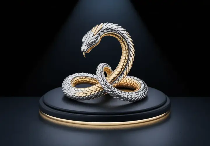 Sculpture d'un serpent en argent et or, enroulé sur lui-même, évoquant le serpent qui se mord la queue.