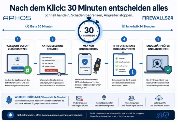 Schritte nach einem Klick: Passwort ändern, Sessions beenden, MFA neu konfigurieren, IT informieren, Endgerät prüfen. Vorsicht vor **fake mail**!