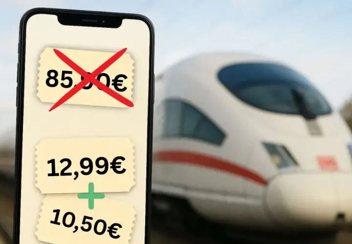 Günstige Zugreisen in Deutschland: Ein Handy zeigt Angebote für Bahntickets. Ein teures Ticket ist durchgestrichen, darunter günstige Optionen.
