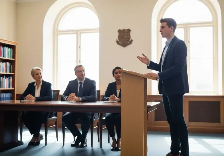 Młody mężczyzna prezentuje swoją obronę pracy licencjackiej przed komisją.