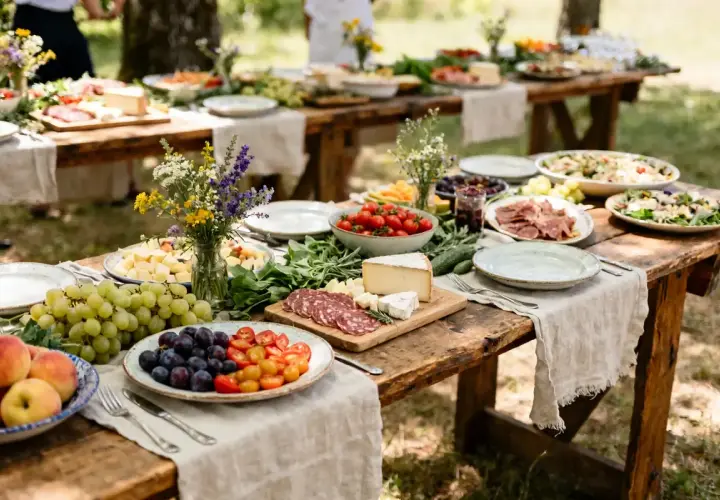 Un magnifique buffet champêtre pour un anniversaire, avec fruits frais, fromages, charcuterie et salades, dressé sur des tables en bois rustiques en extérieur.