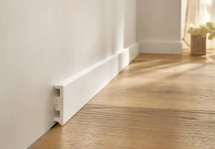 Battiscopa bianco moderno fissato con silicone, pronto per completare un pavimento in legno chiaro.