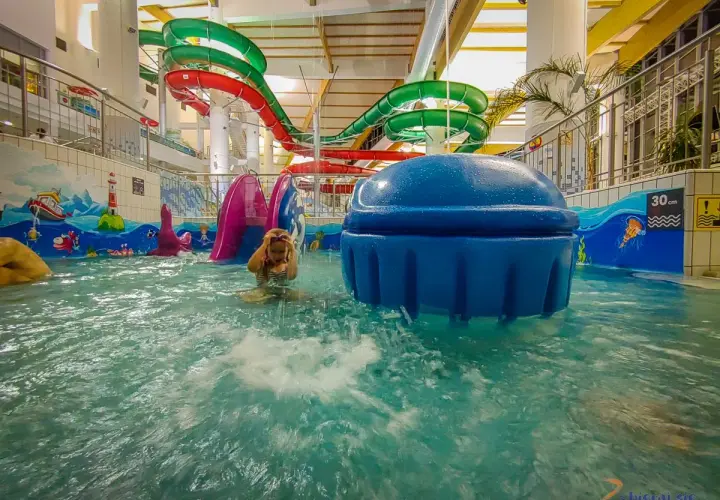 Dziecko bawi się w wodzie w aquaparku hotelu Crocus, w tle kolorowe zjeżdżalnie.