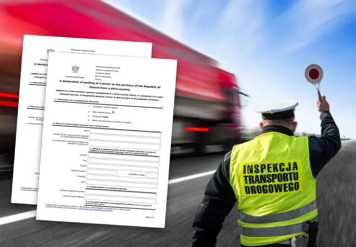 Inspektor drogowy kontroluje dokumenty dotyczące delegowania kierowców. Na pierwszym planie formularz zgłoszeniowy.
