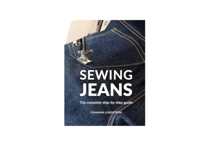 Close-up of a sewing machine stitching dark denim, with "SEWING JEANS" and "The complete step-by-step guide" text. A jeans template for DIY.