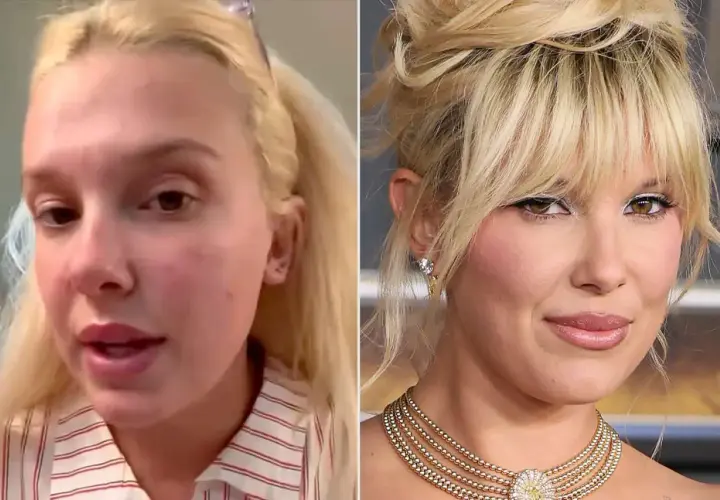 Millie Bobby Brown bez makijażu po lewej, w pełnym blasku po prawej.