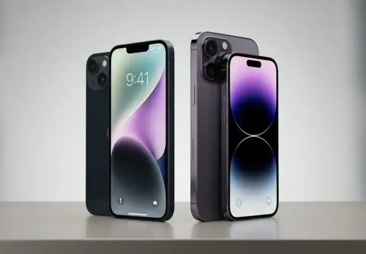 Dwa modele iPhone 14, jeden ciemny, drugi fioletowy, prezentują swoje wymiary i design.