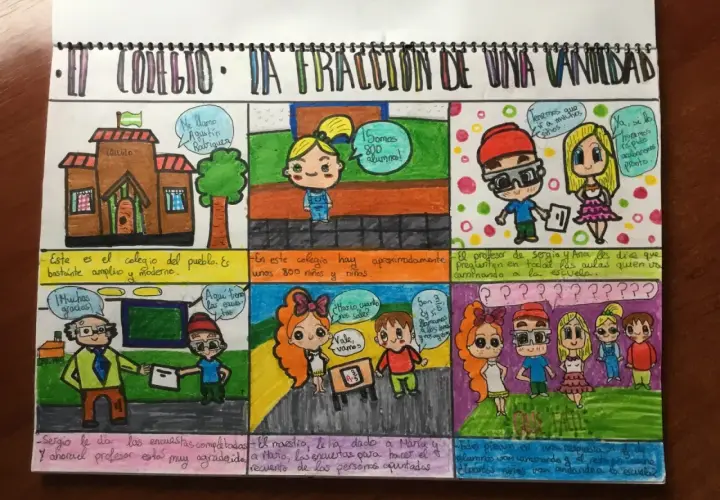 Plantilla comic 6 viñetas: un colegio con alumnos y profesores, encuestas y conversaciones.
