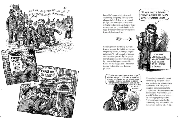 Franz Kafka, wstręt do siebie, antysemityzm. Ilustracja przedstawia sceny z życia i myśli Franza Kafki, ukazując jego złożone relacje z żydowskością i poczucie wyobcowania.