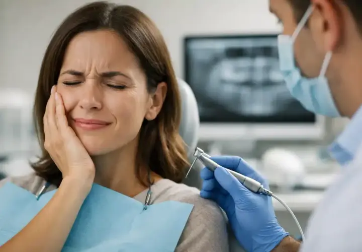 Mujer con expresión de dolor en la cara, sujetándose la mejilla. Un dentista con guantes azules sostiene una fresa dental. Podría ser dolor después de endodoncia.