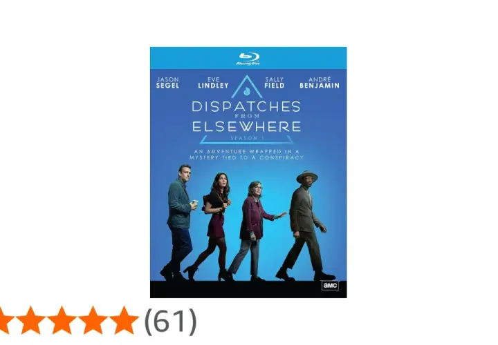 Blu-ray-omslag för "Dispatches from Elsewhere" med fyra personer som går. En spännande resa in i en mystisk konspiration.
