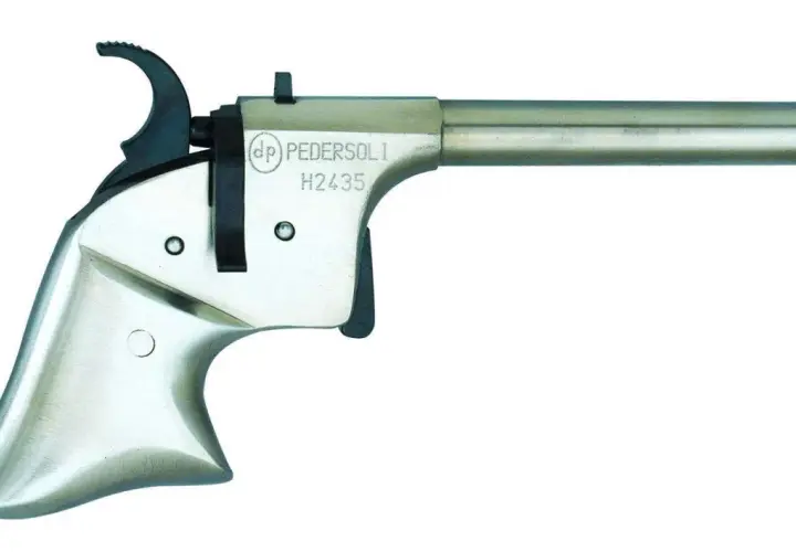 Srebrny pistolet Pedersoli, model H2435. Czeska broń bez zezwolenia, idealna dla kolekcjonerów.