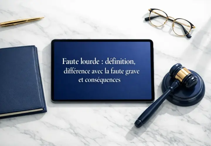 Sur une tablette, la "faute lourde : définition, différence avec la faute grave et conséquences". Un marteau de juge, un stylo et des lunettes complètent la scène, évoquant la négligence définition juridique.