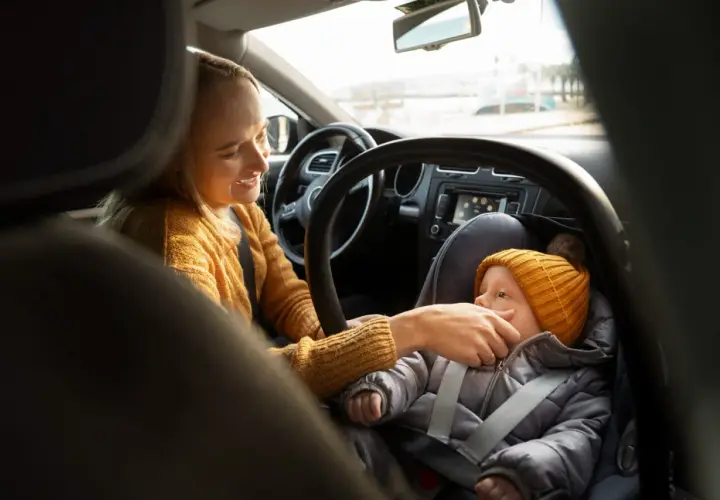 Uśmiechnięta mama przygotowuje dziecko do podróży. Podpowiadamy, jak ubrać dziecko do fotelika zimą, by było mu ciepło i bezpiecznie.