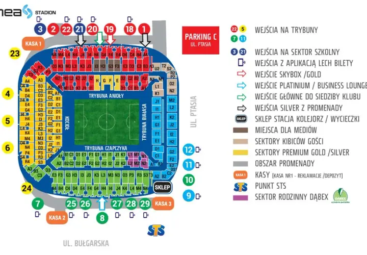 Plan stadionu Lecha Poznań z oznaczeniem wejść, kas i sektorów. Informacje o biletach i cenniku.